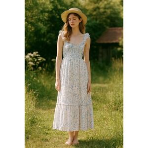 American Eagle Dress Women XL White Maxi Floral Print Smocked Cottage Peasant